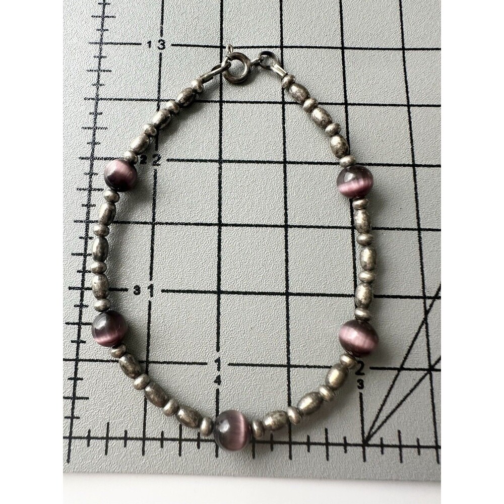 Vintage Sterling Silver 925 Purple Cat's Eye Glass Beaded Bracelet 7”